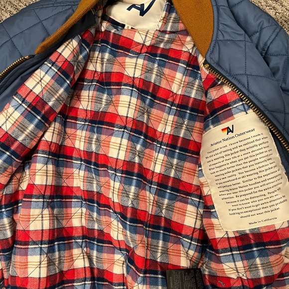 Aviator Nation Quilted and insulated Blue Bomber Jacket with mountain patch. - Picture 2 of 4